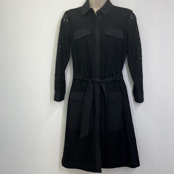 CeCe - Black 3/4 Sleeve Eyelet Collared Lined Button Down Pocket Dress Size 0 - Picture 1 of 15